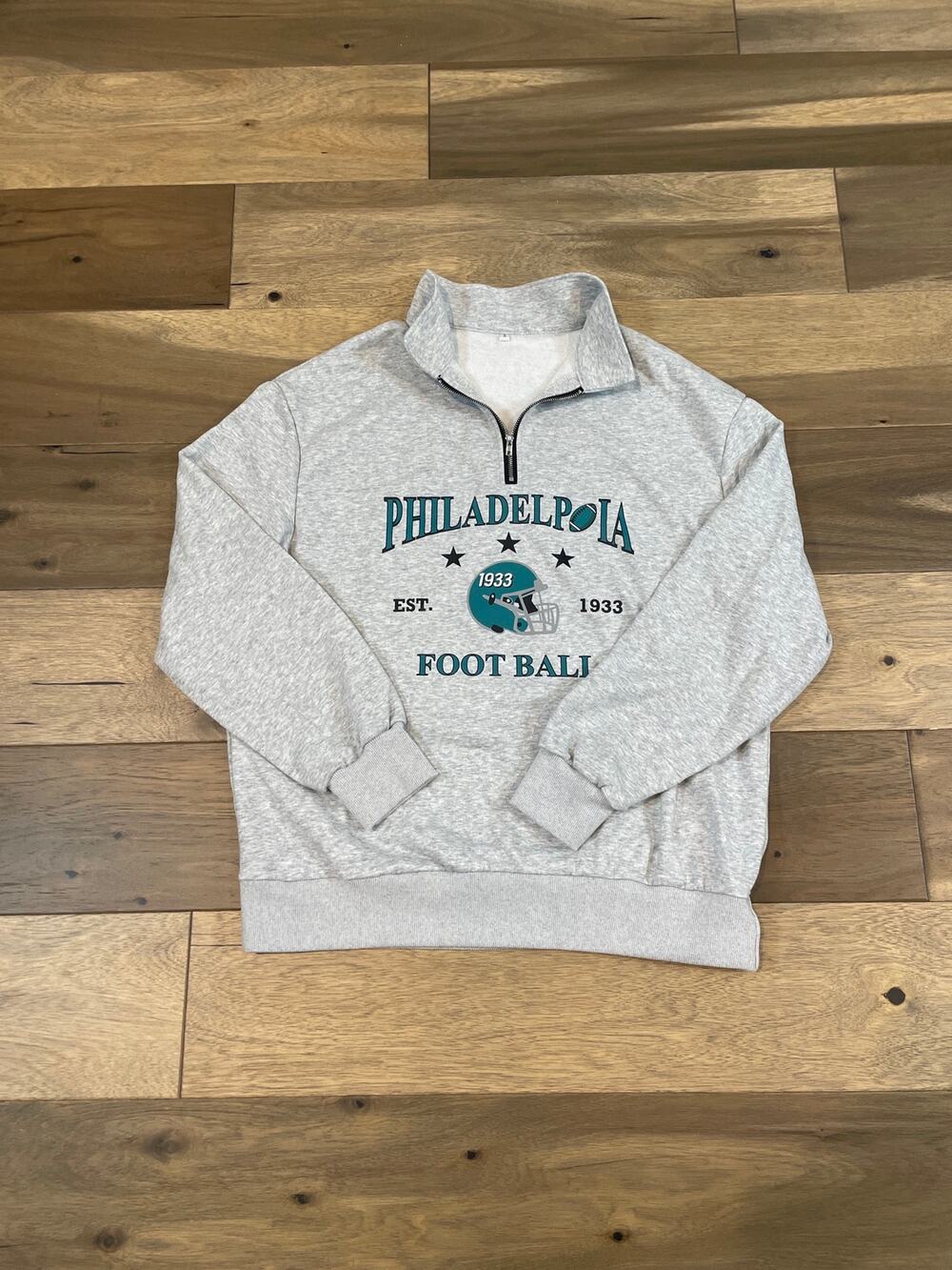 Philadelphia Football Hoodie Size S Gray Quarter Zip Terry Pullover